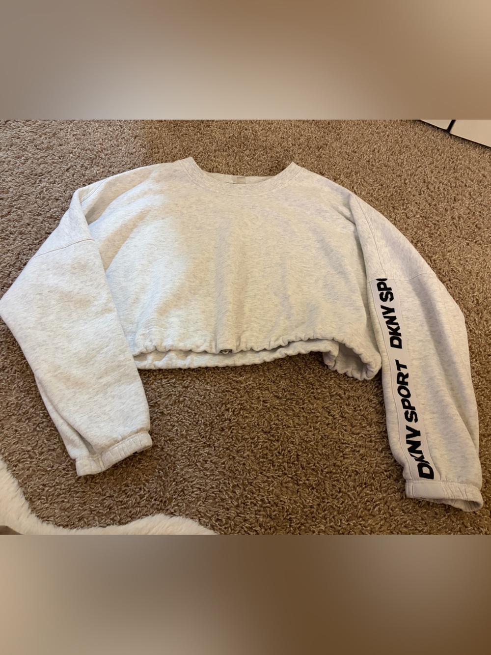 DKNY Light Gray Cropped Sweatshirt with Black Logo Sleeve